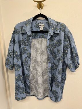 Vintage Untied Hawaiian Shirt Blue Pineapple Print Button Down XL